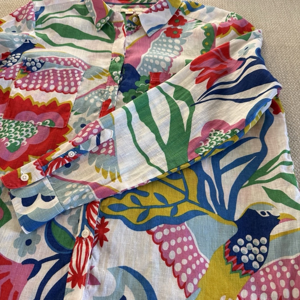 Boden Linen Long Sleeve Floral Bird Button Up Blouse Women 10R Boho Resort - Picture 10 of 13